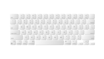 Poster - White realistic computer keyboard. Modern wireless equipment for electronic text input and gaming industry multimedia buttons with vector symbols