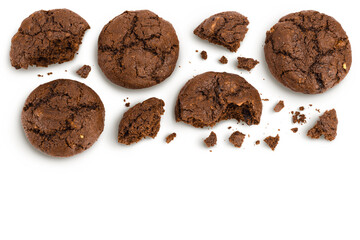 Wall Mural - chocolate cookies broken isolated on white background with full depth of field. Top view with copy space for your text. Flat lay