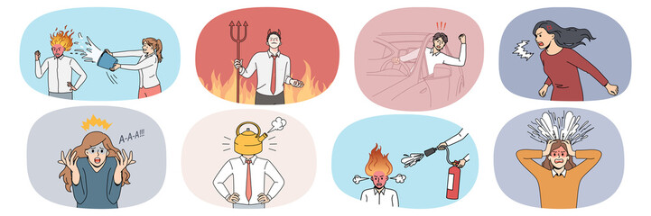collection of furious people yell feel distressed in life situations. set of angry men and women scr