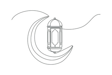 One continuous line drawing lantern on moon icon for islamic new year celebration. Happy Islamic new Year. Single line draw design vector graphic illustration.