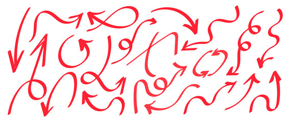 Poster - Set of red hand drawn arrow element vector. Collection of doodle arrows, lines, symbol, pointing mark, shapes on white background. Simple icon illustration for education, decoration, map.