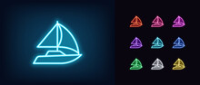 Outline Neon Sail Yacht Icon. Glowing Neon Sail Boat Silhouette, Sailboat Race And Regatta Pictogram. Yacht Club, Sailing And Yachting