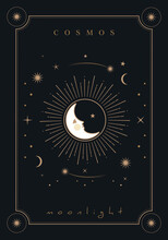 Poster Of Moon, Sun And Stars Poster On Starry Cosmos Background Of Constellations On Dark Background