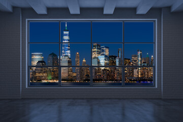 Wall Mural - Downtown New York City Lower Manhattan Skyline Buildings. High Floor Window. Beautiful Expensive Real Estate. Empty room Interior Skyscrapers View Cityscape. Financial district. Night. 3d rendering.