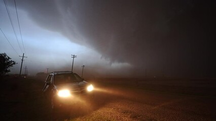 Wall Mural - Wind blowing dirt and rain lit up in headlights during extremely dangerous storm as it moves through West Texas.