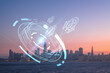 Skyline of San Francisco Panorama city view at Illuminated sunset from Treasure Island, California, United States. Startup company, launch project to seek and develop scalable business model, hologram