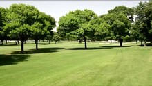 Drone Footage Of Golf Course Fairway Through Trees