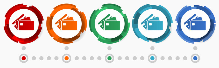 Poster - Credit card, business concept vector icon set, modern design abstract web buttons in 5 color options, infographic template for webdesign and mobile apps