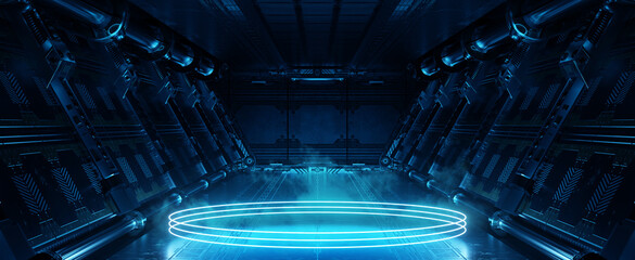Aufkleber - Blue spaceship interior with glowing neon lights podium on the floor. Futuristic corridor in space station with circles background. 3d rendering