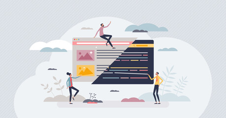 Semantics technology for data processing and categorizing tiny person concept. Artificial intelligence machine tool for discovering relationships within various web data sets vector illustration.