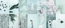 Set Of Trendy Aesthetic Photo Collages. Minimalistic Images Of One Top Color. Fashion White Moodboard