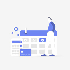 Poster - Subscription monthly automatic payment concept illustration. Calendar icon with a recurring monthly payment date, calculator and credit bank card. Paid member subscription business model for services
