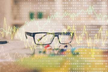 Aufkleber - Financial chart hologram with glasses on the table background. Concept of business. Double exposure.