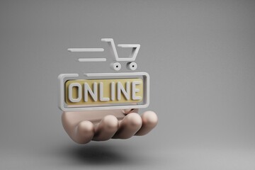 Aufkleber - Beautiful abstract illustrations Golden Hand Holding Online Shopping cart symbol icon on a gray background. 3d rendering illustration. Online Shopping.