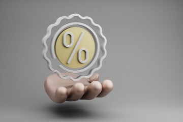 Poster - Beautiful abstract illustrations Golden Hand Holding Percent Badge symbol icon on a gray background. 3d rendering illustration. Online Shopping.