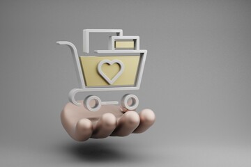Aufkleber - Beautiful abstract illustrations Golden Hand Holding Shopping Cart And Heart symbol icon on a gray background. 3d rendering illustration. Online Shopping.