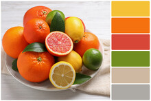 Color Palette And Different Ripe Citrus Fruits On White Wooden Table. Collage
