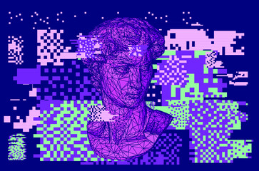 Poster - 3D low-poly model of sculpture head on glitched and pixelated background. Artsy futuristic image for cover, poster and print.