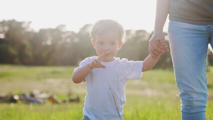 happy family mom and son a hold hands walk park. mother and son kid together hands at sunset. kid dream concept. parent and child walk park childhood fun. happy family mother day