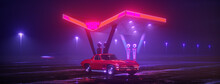 Neon Gas Station And Retro Car. Vintage Cyberpunk Auto. Fog Rain And Night. Color Vibrant Reflections On Asphalt. Chevrolet Corvette Sting Ray. 3D Illustration.