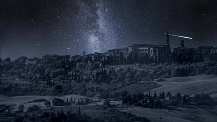 Wall Mural - milky way over pienza with falling stars, tucany. timelapse.