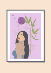 Wall Mural - Abstract bamboo leaves and tree flat woman elegant female portrait moonlight room décor natural poster wall art illustration