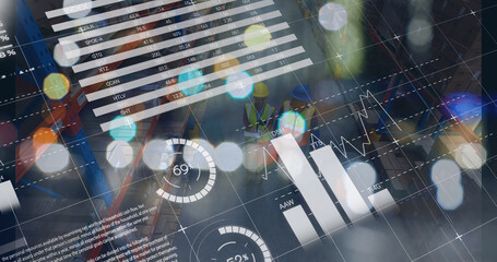 Poster - Image of graphs and financial data over caucasian male warehouse workers
