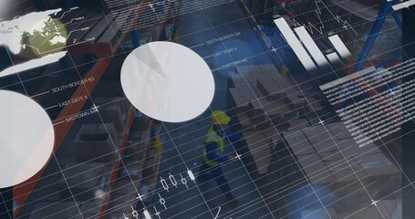 Poster - Image of graphs and financial data over caucasian male warehouse workers