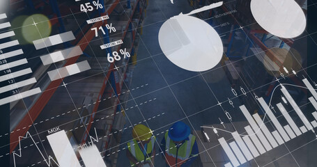 Poster - Image of graphs and financial data over caucasian male warehouse workers