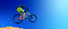 Rider Jumps On A Mountain Bike. Downhill,  Freeride, Enduro,  Allmountain Ride. Dust And Stones From Under The Wheels. Extreme Sports. Dynamic Vector Illustration. Blue Sky On The Background. Banner