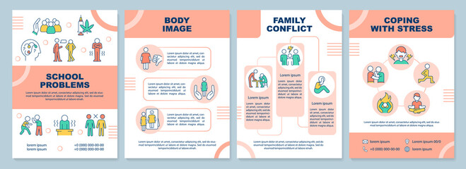 Difficulties of teenage life terracotta brochure template. Leaflet design with linear icons. Editable 4 vector layouts for presentation, annual reports. Arial-Black, Myriad Pro-Regular fonts used