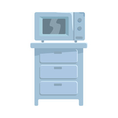 Poster - Microwave oven on kitchen table semi flat color vector object. Full sized item on white. Apartment and office arrangement simple cartoon style illustration for web graphic design and animation