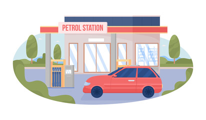 Poster - Car at city gas station 2D vector isolated illustration. Refueling service flat cityscape on cartoon background. Urban colourful editable scene for mobile, website, presentation. Bebas Neue font used