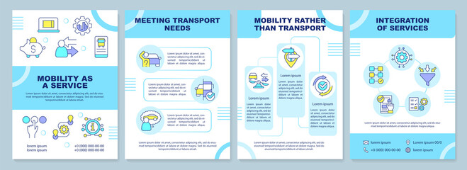 MaaS concept components blue brochure template. Users service. Leaflet design with linear icons. Editable 4 vector layouts for presentation, annual reports. Arial-Black, Myriad Pro-Regular fonts used
