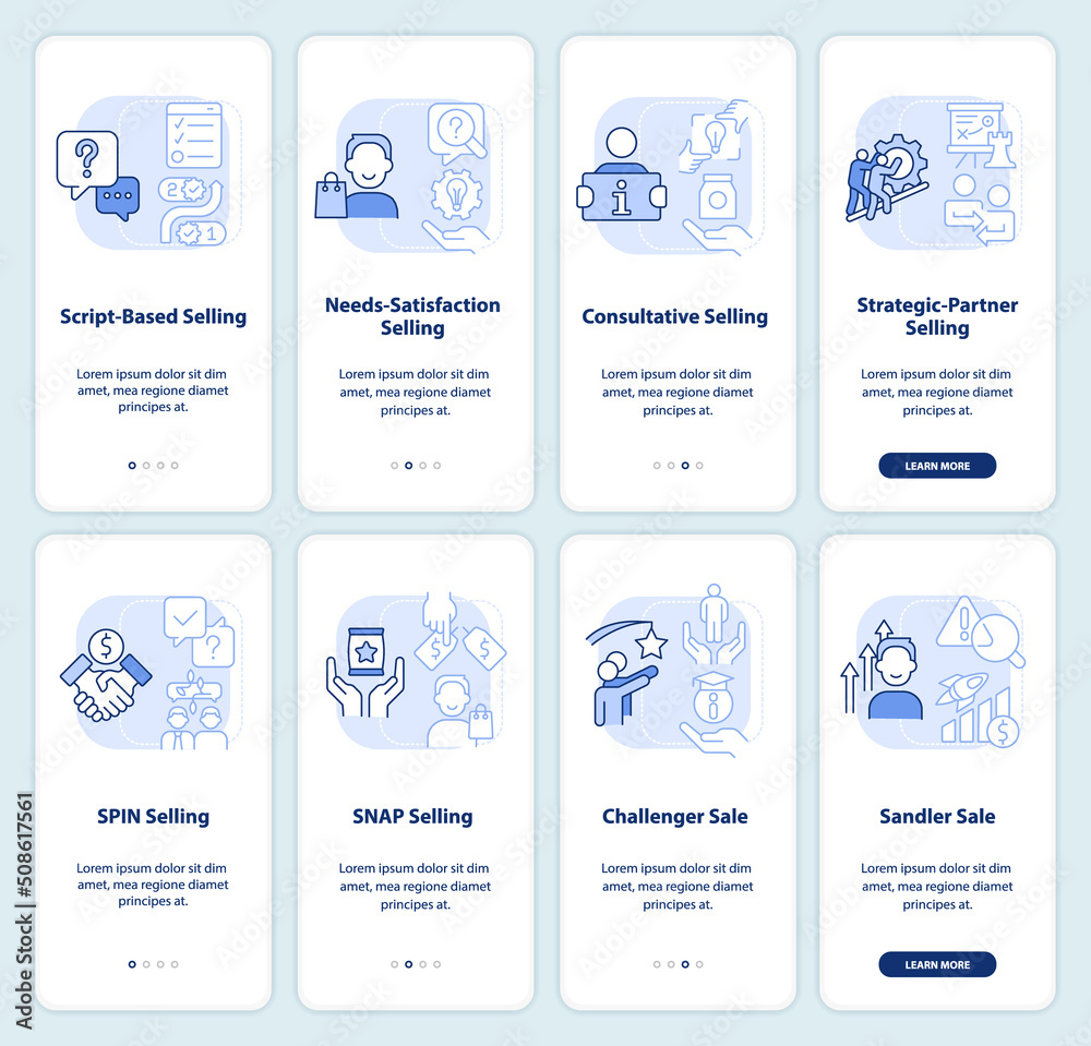 Selling principles light blue onboarding mobile app screen set ...