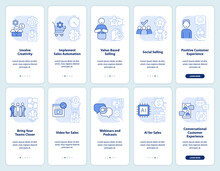 Selling Trends Light Blue Onboarding Mobile App Screen Set. Walkthrough 5 Steps Editable Graphic Instructions With Linear Concepts. UI, UX, GUI Template. Myriad Pro-Bold, Regular Fonts Used