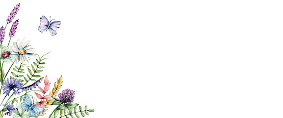 banner with watercolor wild flowers with place for text, frame, border. perfectly for social media, 