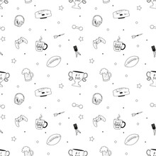 Father's Day Seamless Pattern With Male Hobbies Icons. Coffee, Beer, Games, Sport, Music Items Background. Vector Doodle Style Illustration