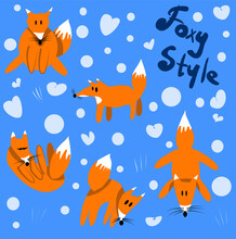 Set With Cute Foxes In Different Poses On A Blue Background "Foxy Style". Funny Set With Foxes For Kids.