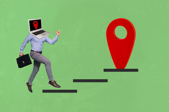 Creative 3d photo artwork graphics collage of man laptop instead of head running cartography arrow isolated green color background