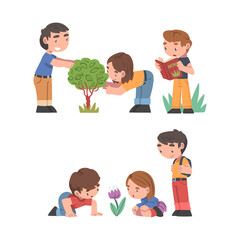 Sticker - Curious Boy and Girl Near Blooming Flower with Book Studying Plant and Exploring Environment Vector Set