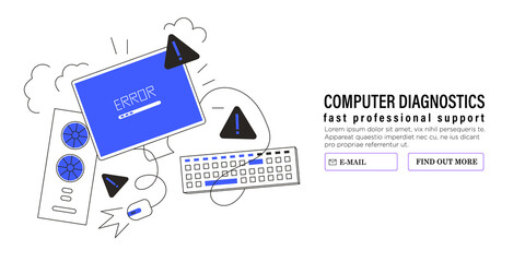 Blue screen of death or computer malfunction concept for web or ui design and ads. Malware or bug in software or program. Data recovery, computer, laptop diagnostics and software update service banner