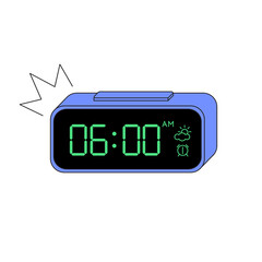 Led digital alarm clock, electronic blue device timer, reminder symbol icon with black screen and green numbers. Vector illustration in flat cartoon style with outline isolated on white background.