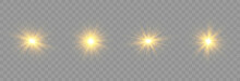 Set Of Flash Light On Png Background. Vector Glow Sparkle Effect. Gold Glowing Light Explodes On A Transparent Background. Transparent Shining Sun, Bright Flash. Special Lens Flare Light Effect. Png.