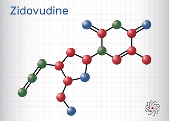 Poster - Zidovudine, ZDV, azidothymidine, AZT molecule. It is synthetic dideoxynucleoside, used in the treatment of HIV and AIDS. Molecule model. Sheet of paper in a cage