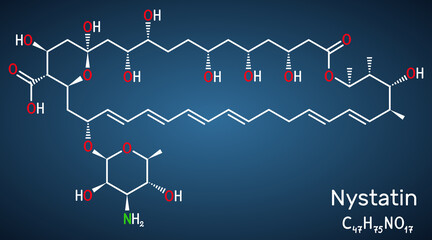 Poster - Nystatin molecule. It is polyene ionophore antifungal medication with fungicidal, fungistatic activity for treatment of Candida infections. Structural chemical formula on the dark blue background.