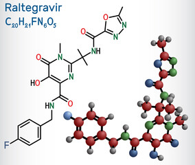 Wall Mural - Raltegravir, RAL molecule. It is antiretroviral medication, used to treat HIV, AIDS. Structural chemical formula and molecule model. Vector illustration