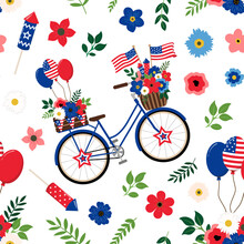 American Patriotic Floral Retro Blue Bike With American Flags, And Balloons Seamless Pattern. Isolated On White Background. American Independence Day Themed Design Background.