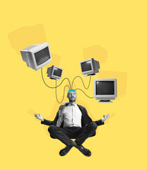 Contemporary art collage. Man, businessman's brain charge by means of energy of retro computers on yellow background. Concept of technology, ai