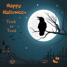 Halloween Background With Bats And Crow On Tree